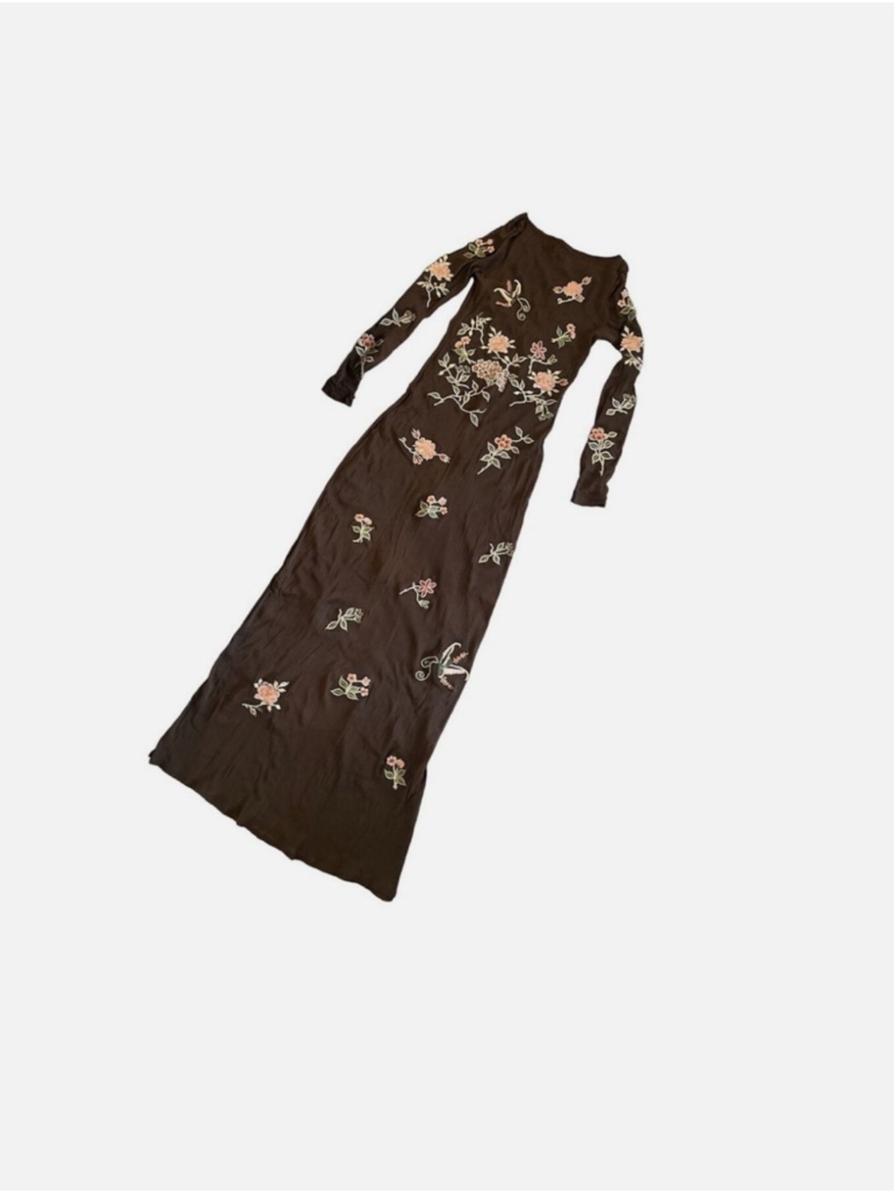 Vivienne Tam Brown Maxi Dress with Pink & Cream Floral Embroidery